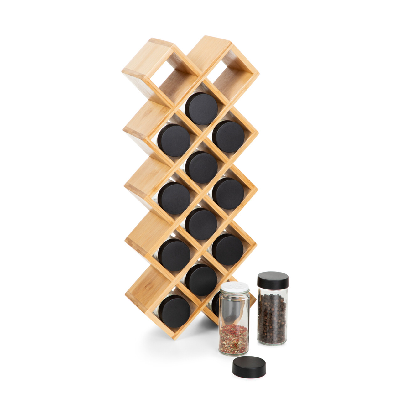 Set 14 recipiente pentru condimente si suport, B2 Bamboo Essentials, Homla, 42x17x9.5 cm, bambus, natur - imagine 4